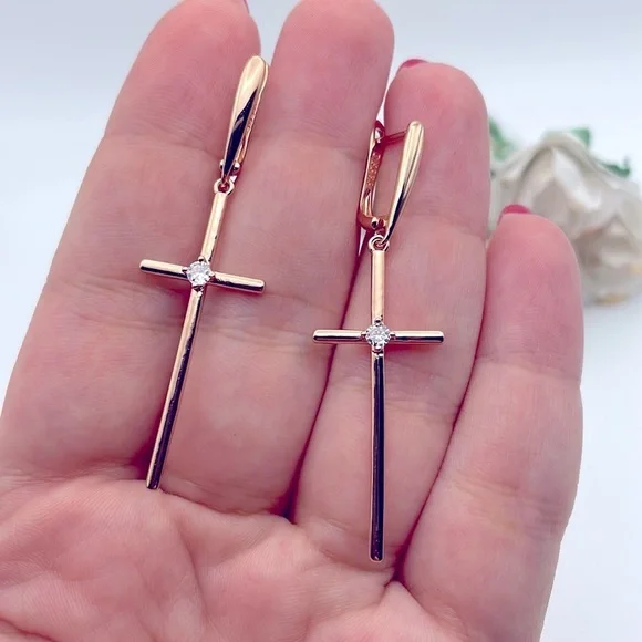 ROSE gold plated cubic zircon cross earrings - Picture 2 of 6